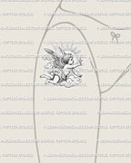 Cherub angel tattoo stencil displayed on thigh example, soft shaded wings and clouds, clear figure, instant stencil files.