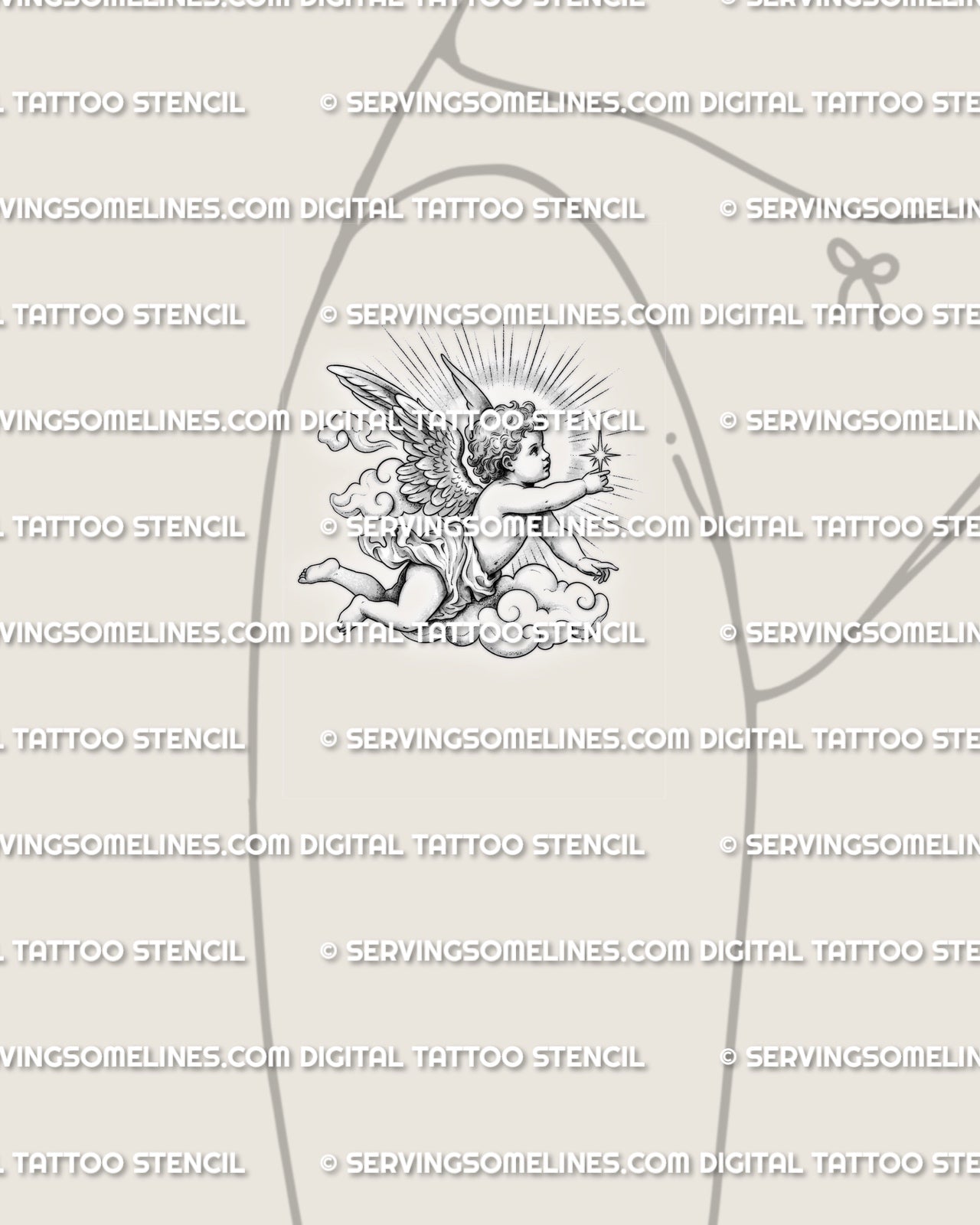 Cherub angel tattoo stencil displayed on thigh example, soft shaded wings and clouds, clear figure, instant stencil files.