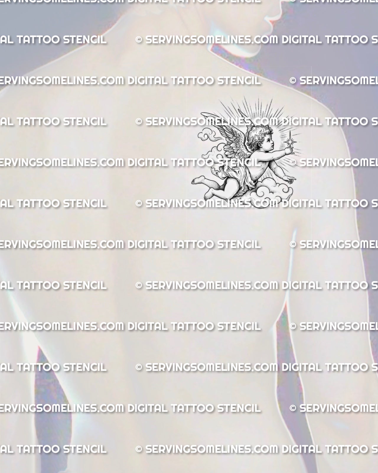 Angel cherub stencil displayed on back shoulder blade example, classic baby angel reaching star, printable PNG JPG PDF.