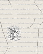 Baby cherub tattoo stencil shown on womens rib placement, flying angel reaching a star, soft clouds, clean printable lines.