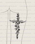 womens back thigh tattoo mockup featuring angel wing dagger with roses and heart motif, feminine symbolic weapon tattoo for leg placement