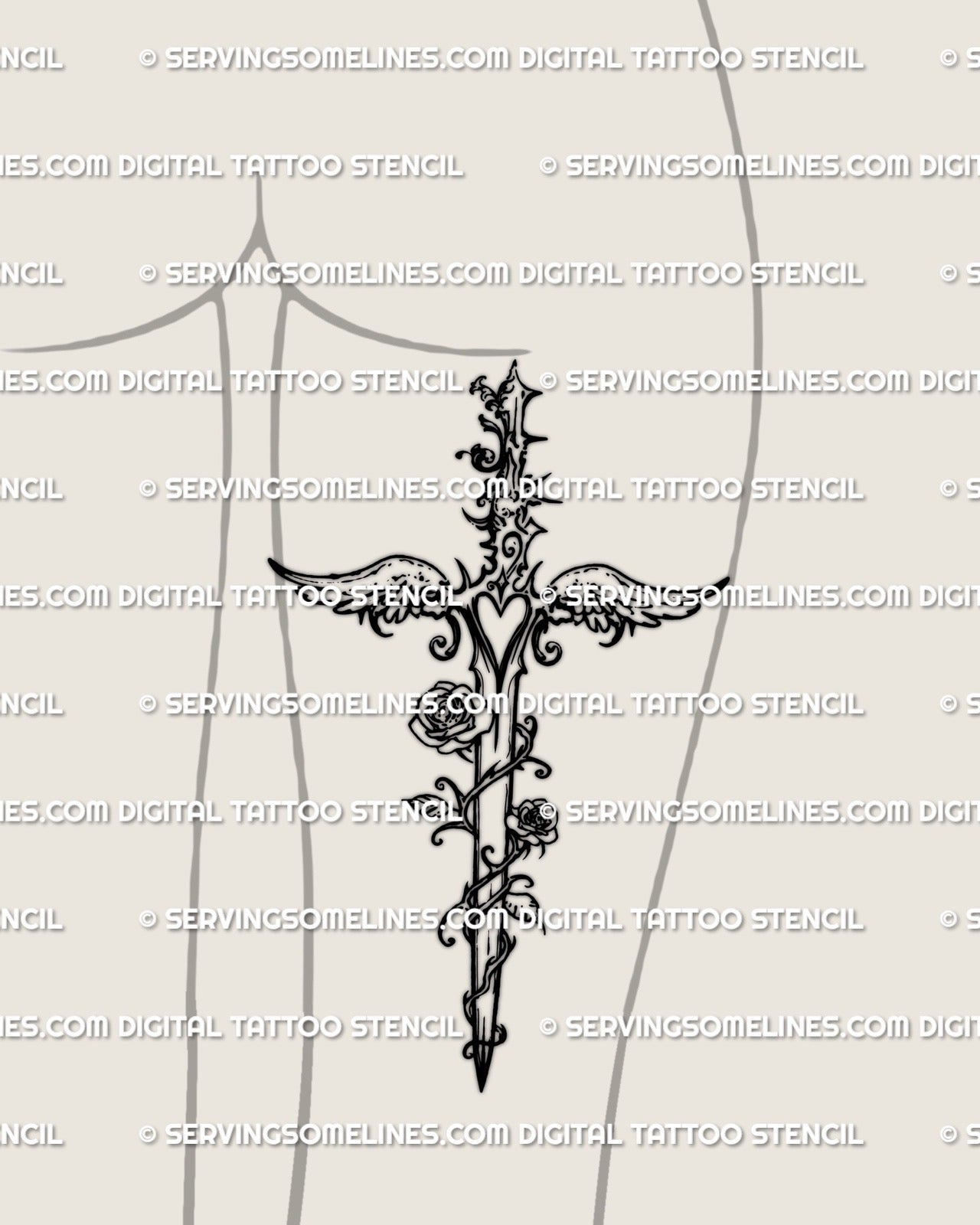 womens back thigh tattoo mockup featuring angel wing dagger with roses and heart motif, feminine symbolic weapon tattoo for leg placement