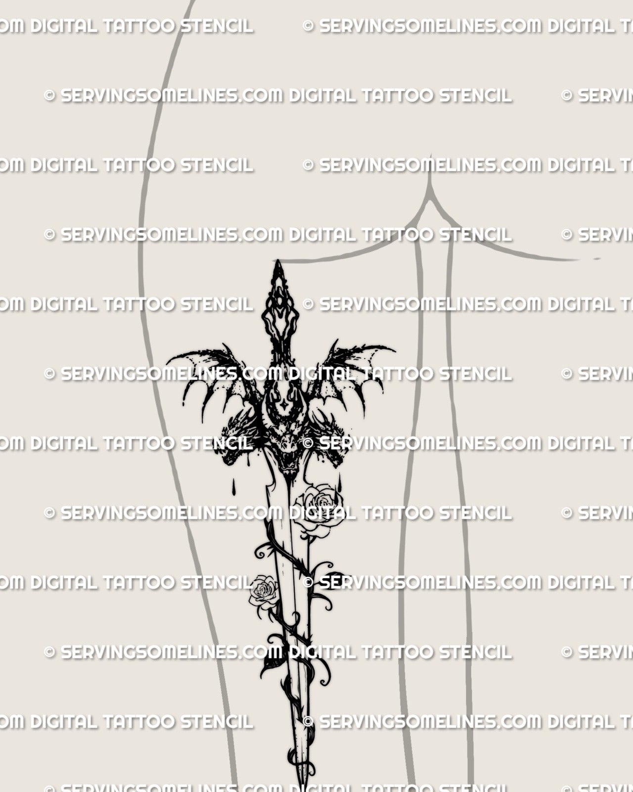 back of thigh placement showing dragon rose dagger with wings and vines, dark fantasy gothic sword design for feminine leg tattoos

