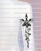 back of arm tattoo mockup displaying dragon rose sword with thorn vines and gothic wings, fantasy dagger design for tricep or back arm placement