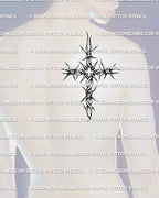 Barb wire cross tattoo shown on men’s shoulder blade placement with spiked side arms and bold devotional cross shape