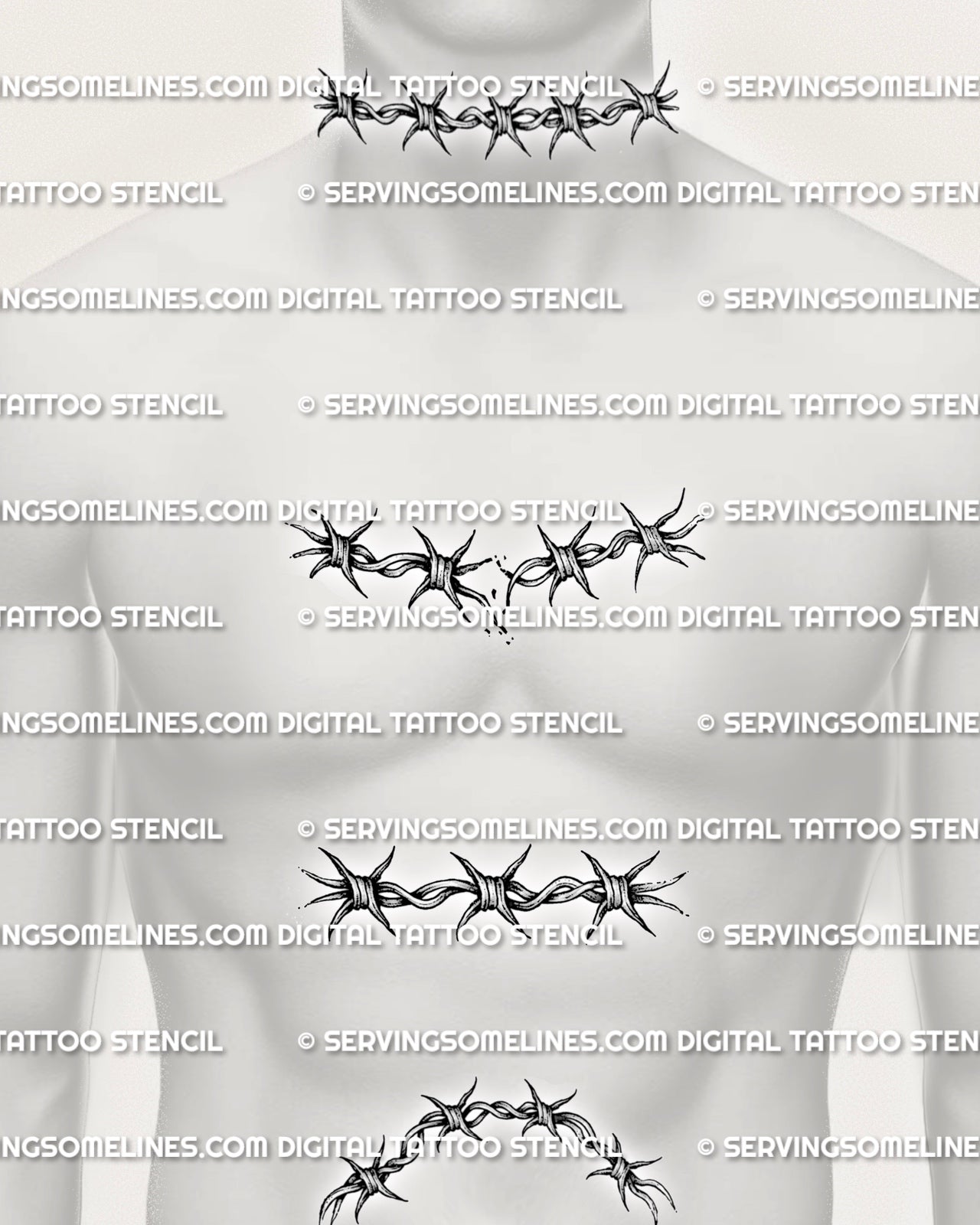 Barb wire stencil designs set shown on men’s neck, chest, and sternum placement examples