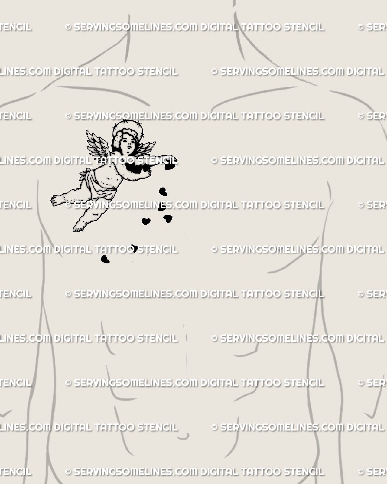 Barbed halo cherub tattoo stencil displayed on men’s side chest placement with scattered hearts and dark angelcore linework