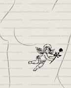 Barbed halo cherub tattoo stencil displayed on women’s rib placement with black rose, soft wings, and gothic angel details