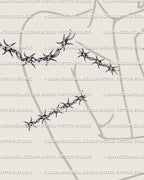 Barbed wire band stencil shown on women’s shoulder, collarbone, and upper arm placement preview