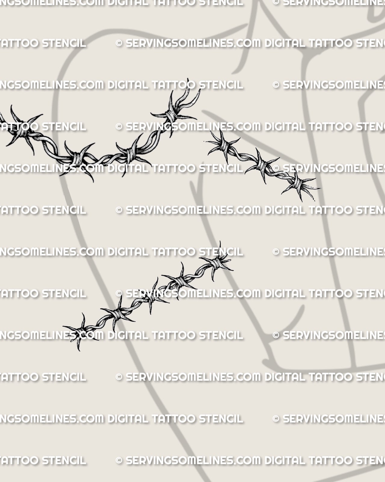 Barbed wire band stencil shown on women’s shoulder, collarbone, and upper arm placement preview