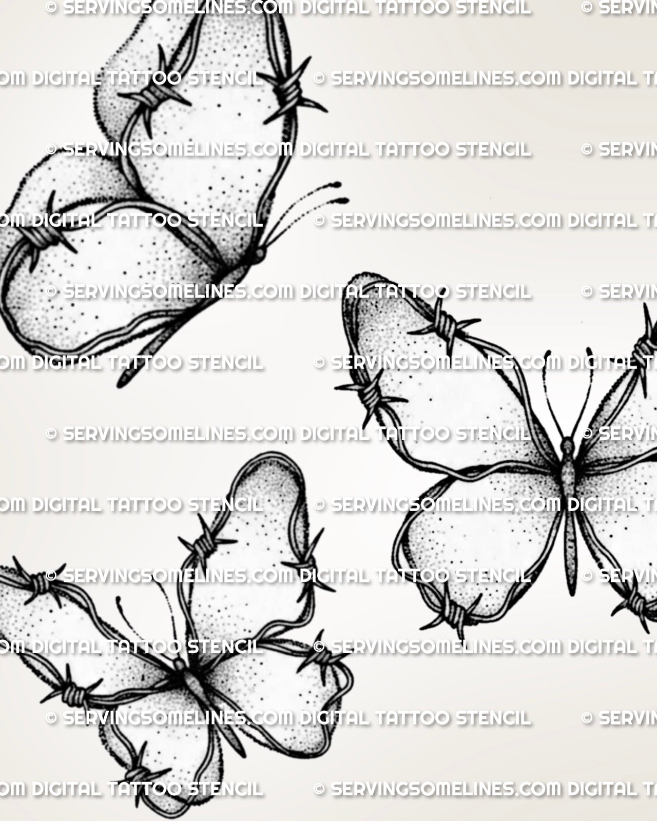 Barbed wire butterfly stencil set close view showing wrapped knots, tiny barbs, and fine line inspired detail