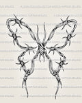 Barbed wire butterfly tattoo stencil with twisted wire wings, sharp knots, pointed barbs, and shaded black linework