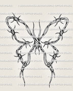 Barbed wire butterfly tattoo stencil with twisted wire wings, sharp knots, pointed barbs, and shaded black linework
