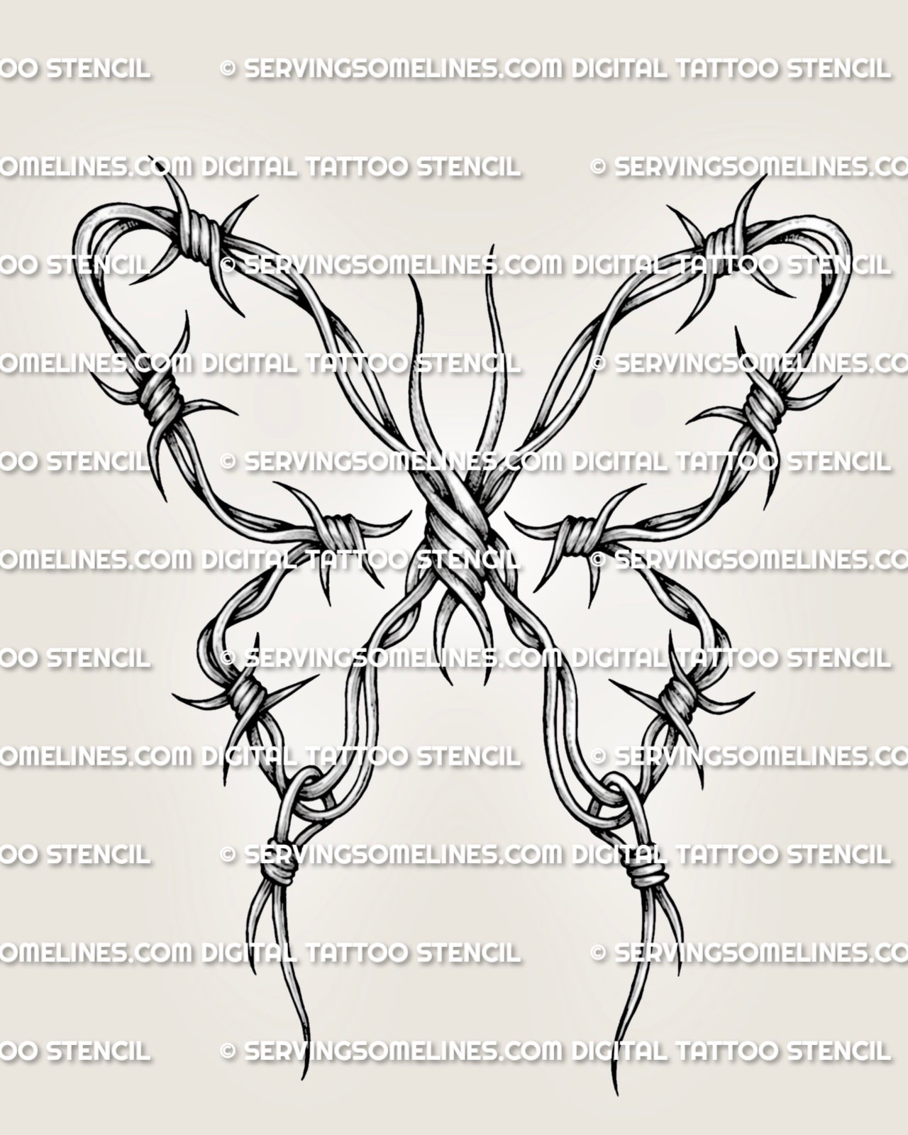 Barbed wire butterfly tattoo stencil with twisted wire wings, sharp knots, pointed barbs, and shaded black linework