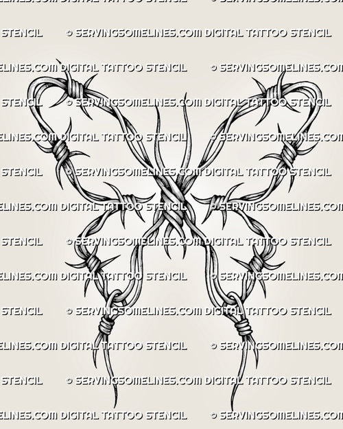 Barbed wire butterfly tattoo stencil with twisted wire wings, sharp knots, pointed barbs, and shaded black linework