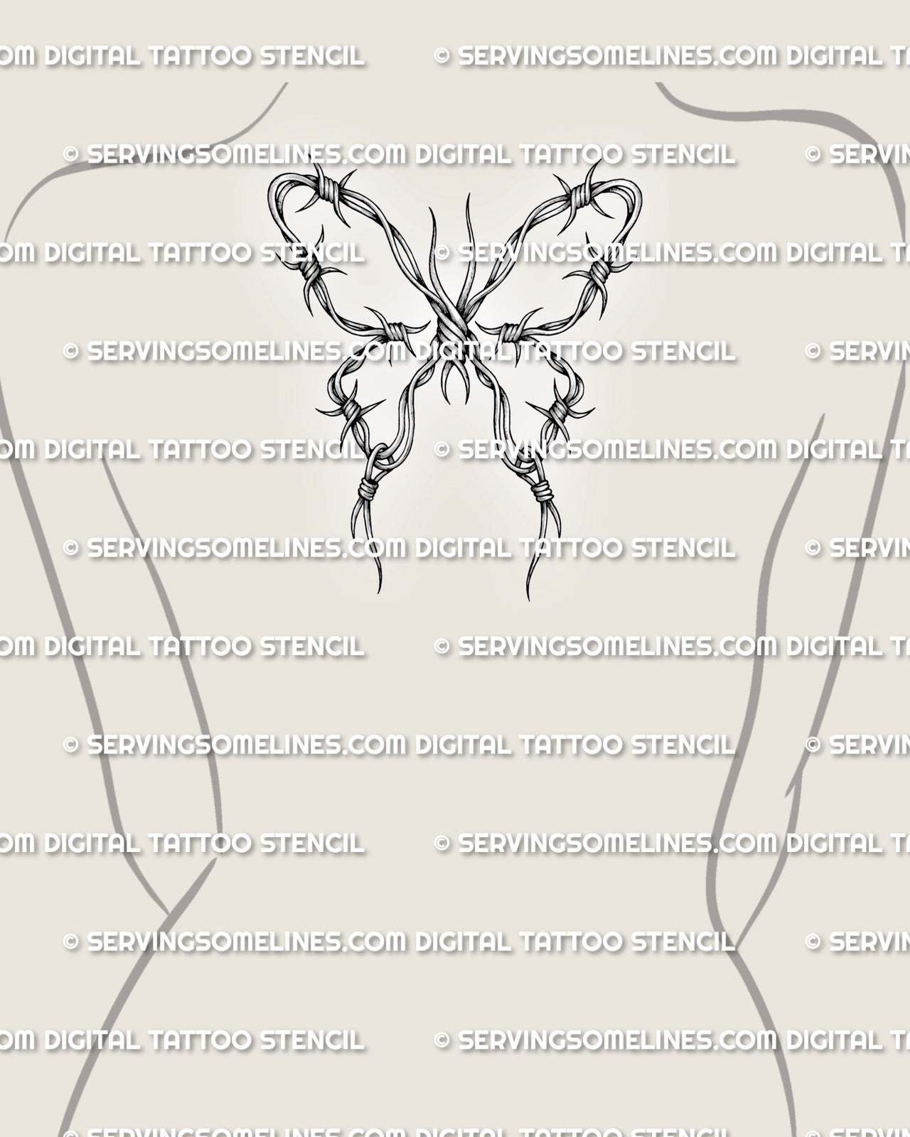 Barbed wire butterfly tattoo shown on upper back placement with wide wing spread and readable wire detail
