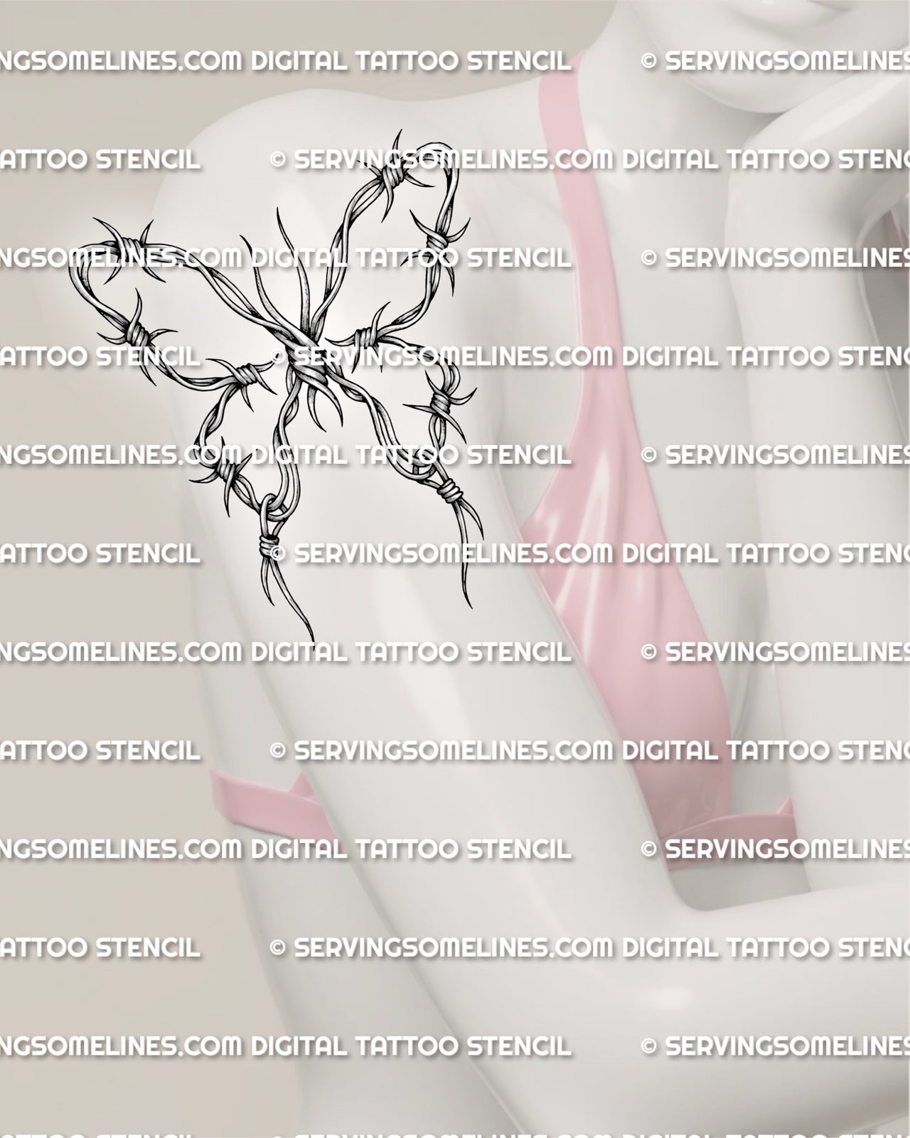 Barbed wire butterfly tattoo shown on women’s arm placement with wide wire wings and pointed barb detail