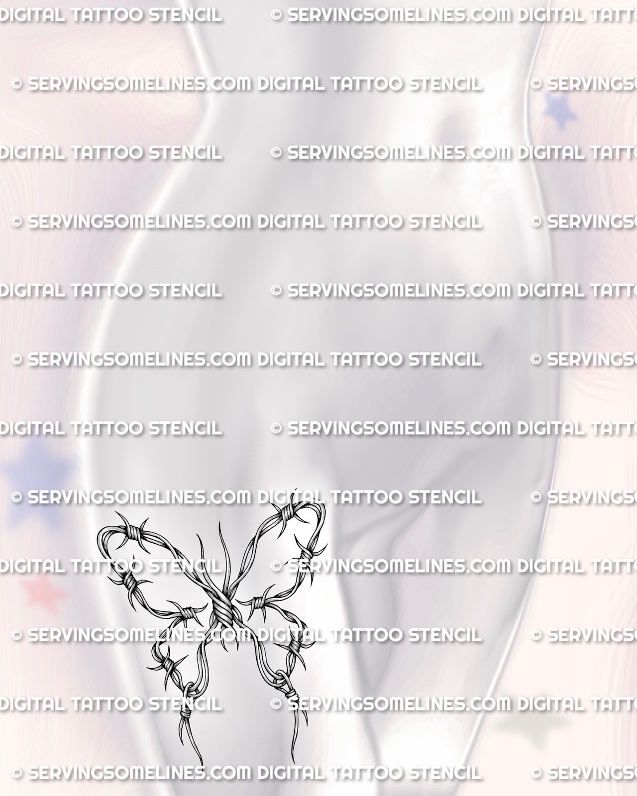 Barbed wire butterfly tattoo shown on women’s thigh placement with shaded wire loops and sharp curved barbs