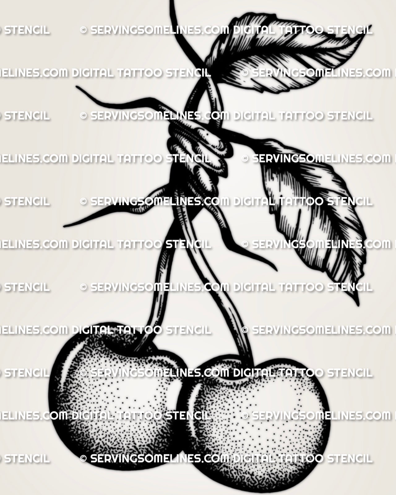 Cherry tattoo outline design with shaded fruit, leafy stems, and gothic barbed wire knot