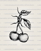 Barbed wire cherry tattoo stencil with shaded cherries and barbed stem knot detail