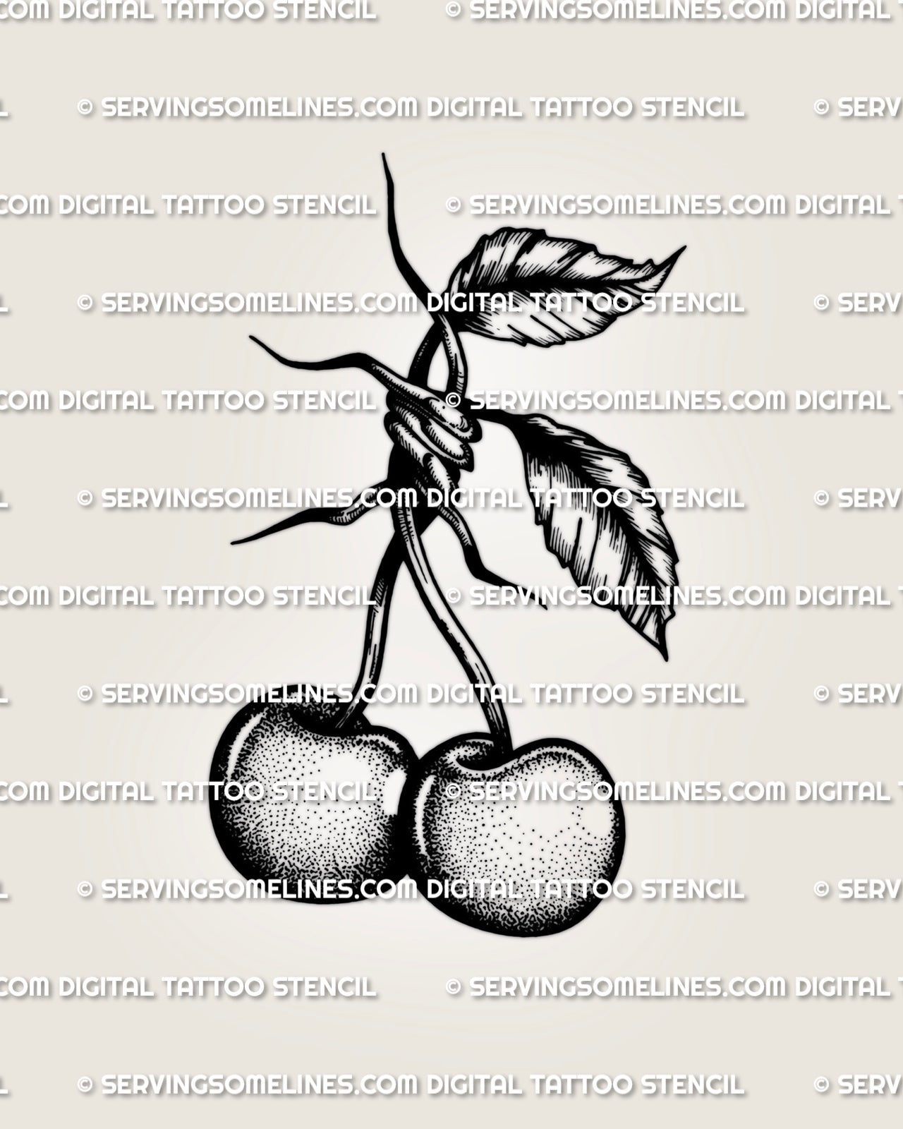 Barbed wire cherry tattoo stencil with shaded cherries and barbed stem knot detail