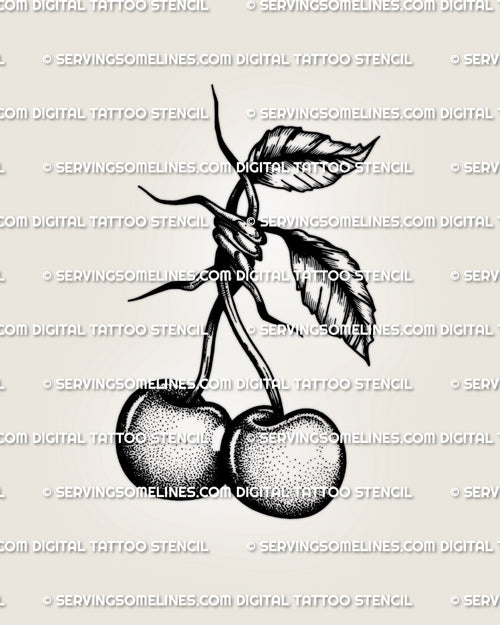 Barbed wire cherry tattoo stencil with shaded cherries and barbed stem knot detail