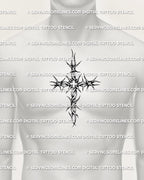 Barbed wire cross tattoo stencil shown on men’s chest center placement with sharp wrapped wire and spiked cross linework