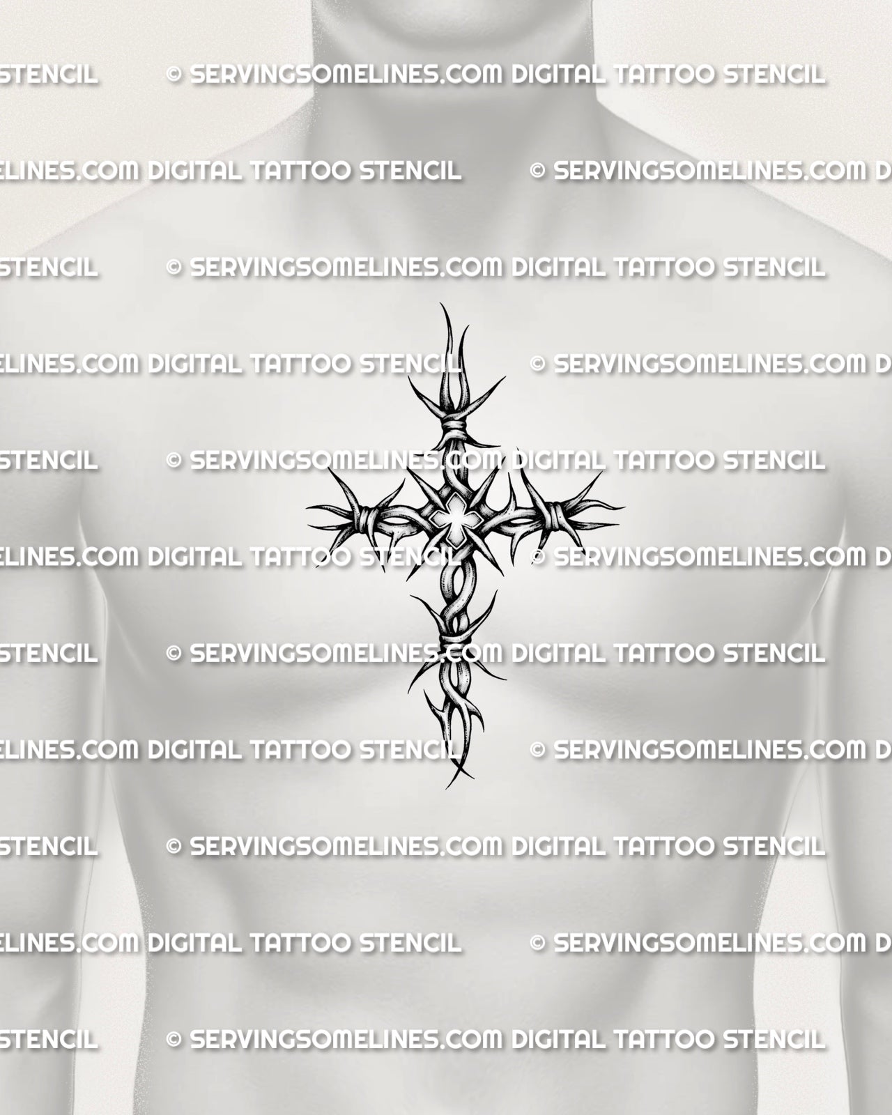 Barbed wire cross tattoo stencil shown on men’s chest center placement with sharp wrapped wire and spiked cross linework