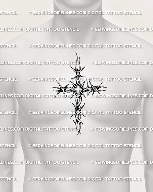 Barbed wire cross tattoo stencil shown on men’s chest center placement with sharp wrapped wire and spiked cross linework