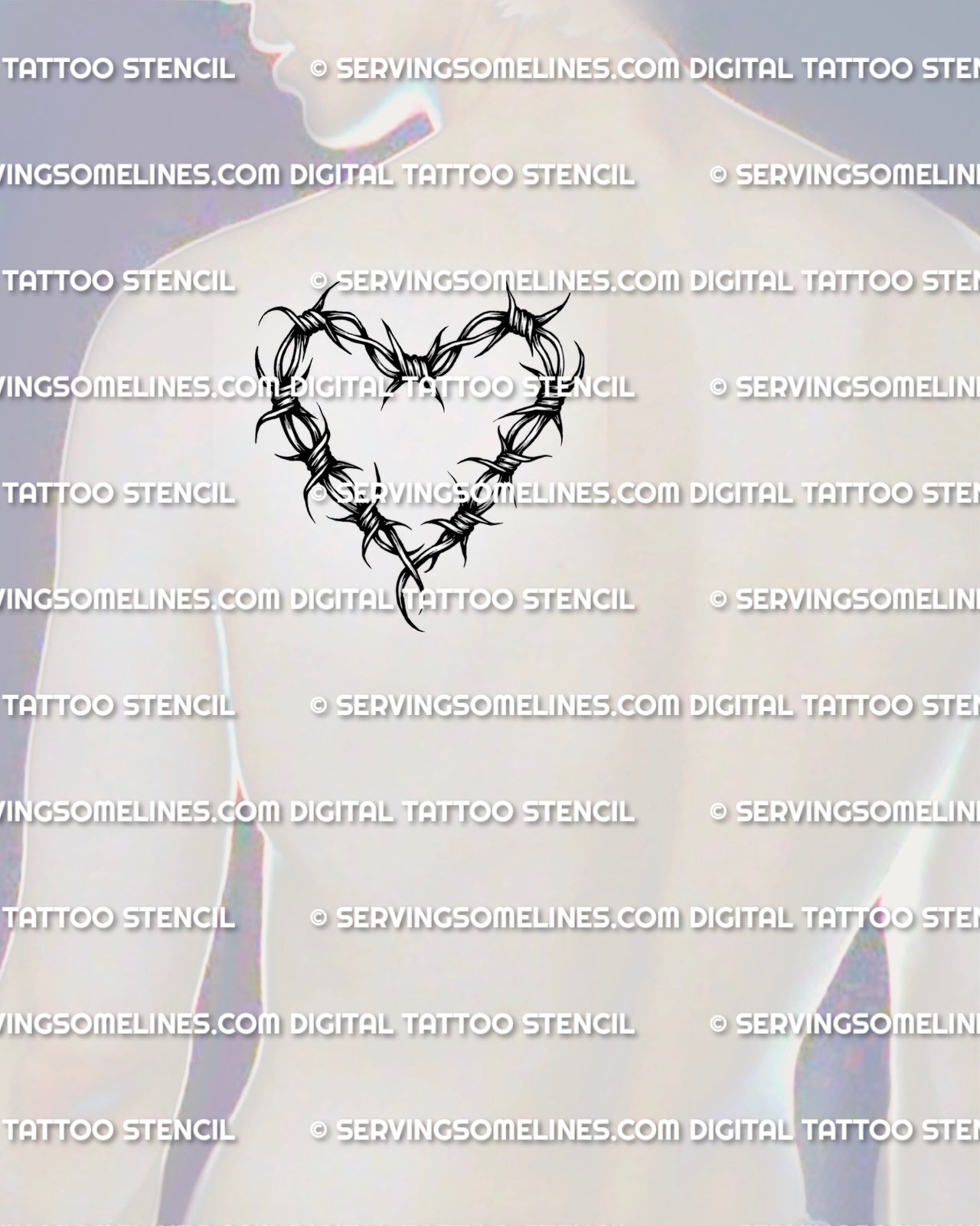 Barbed wire heart outline tattoo shown on men’s shoulder blade placement preview