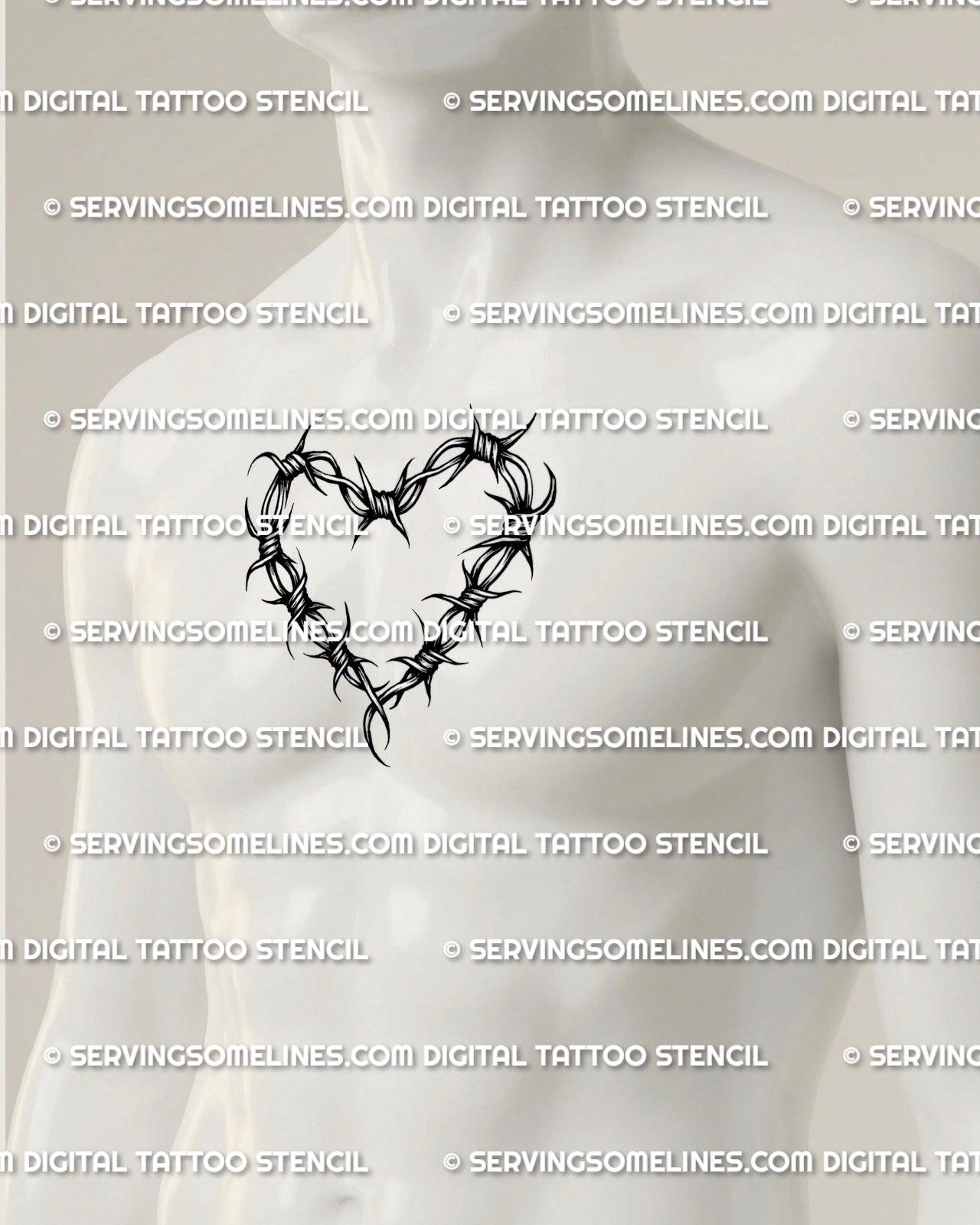 Barbed wire heart tattoo design shown on men’s center chest placement