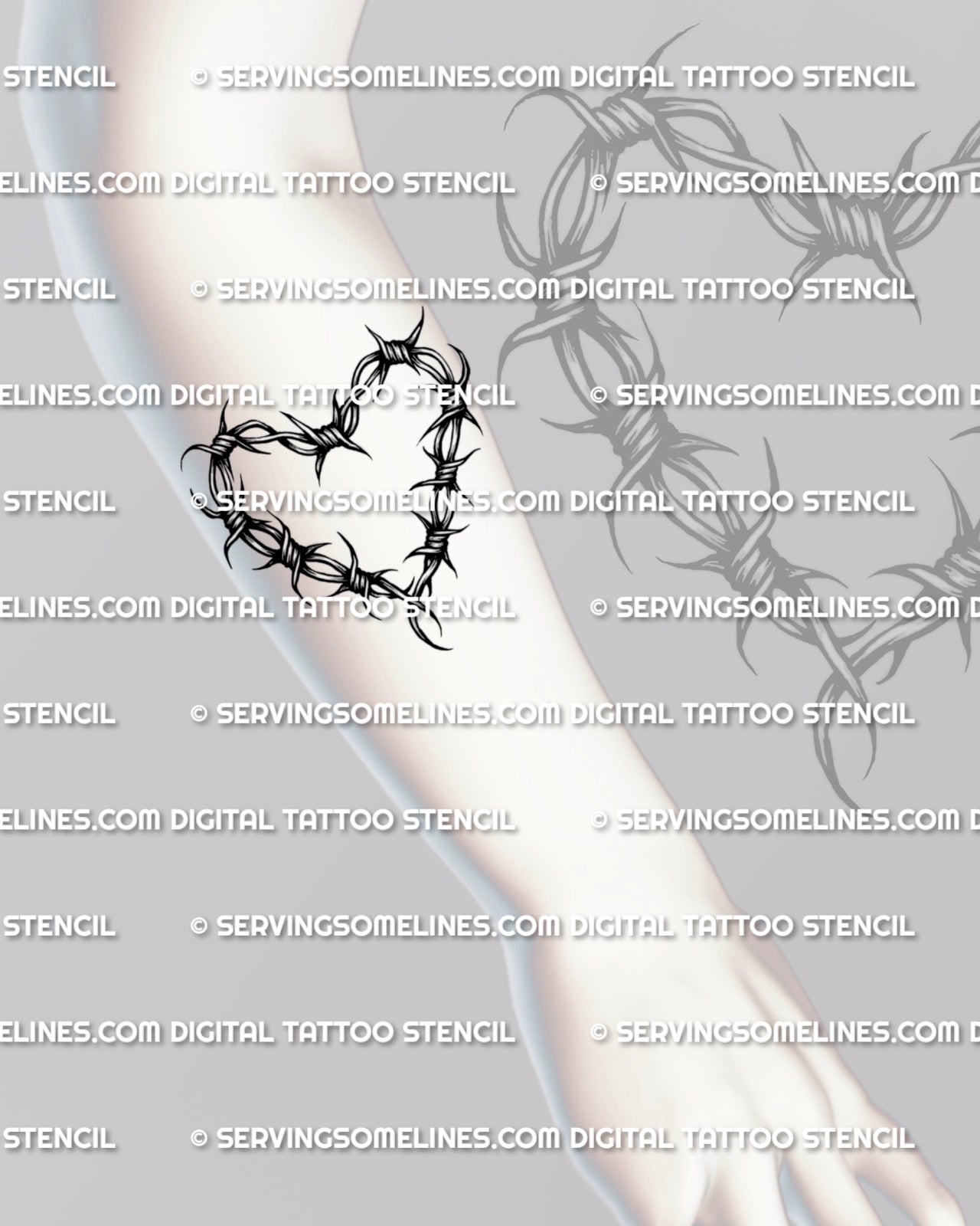 Barbed wire heart tattoo outline shown on forearm placement with open heart center