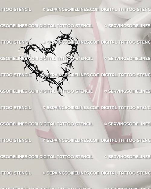 Barbed wire heart tattoo stencil shown on women’s upper arm near shoulder placement preview