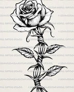 Barbed wire rose tattoo close view showing wrapped wire knots, sharp barbs, and shaded petals