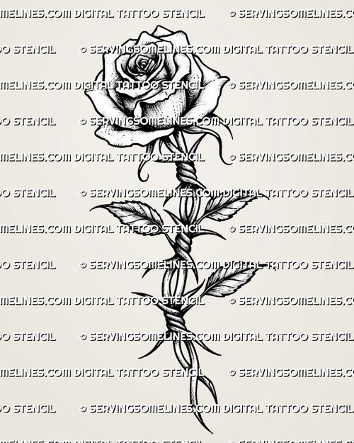 Barbed wire rose tattoo stencil with shaded rose head, twisted wire stem, leaves, and sharp barbs