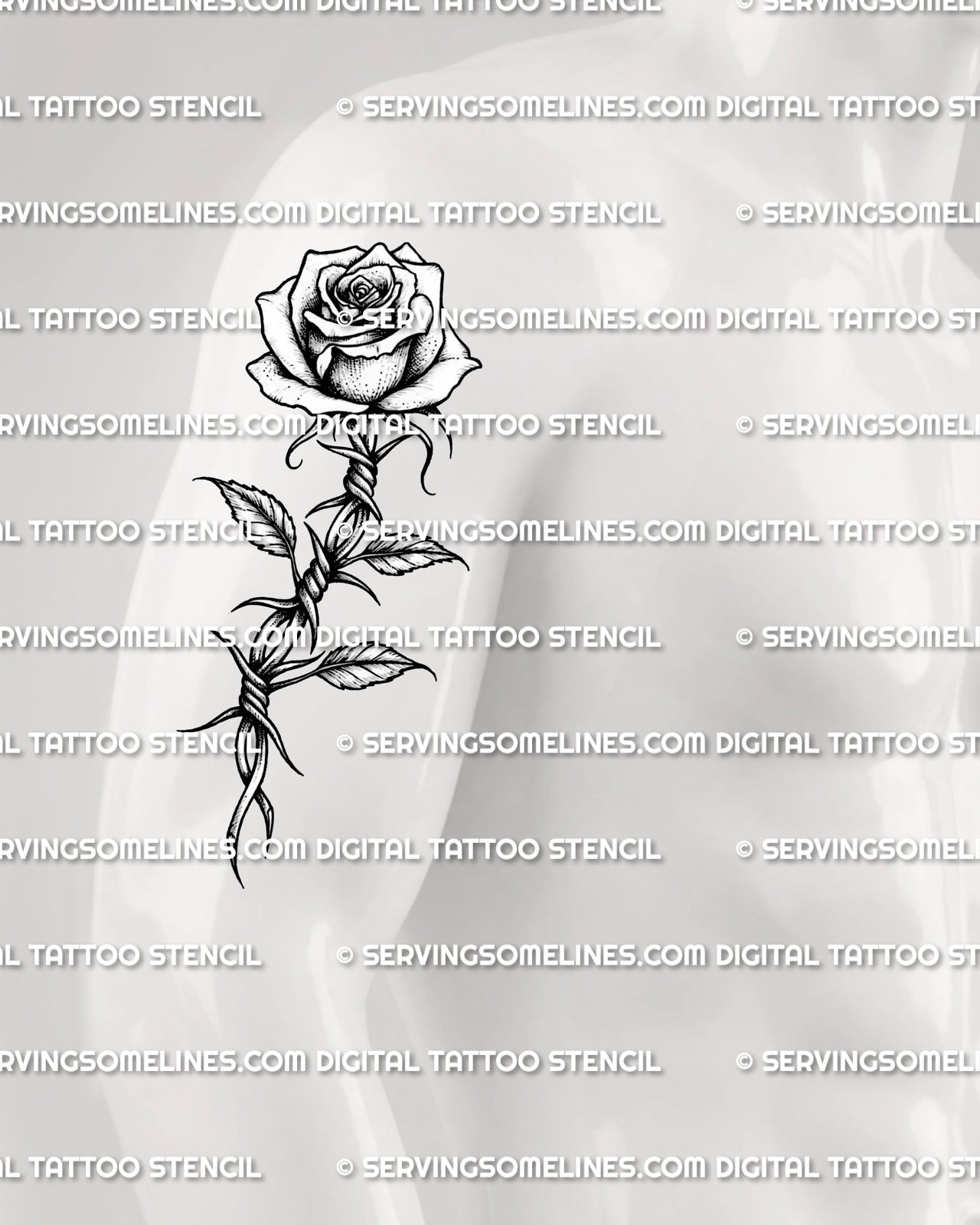 Barbed wire rose tattoo stencil shown on men’s upper arm placement with shaded rose and wire stem