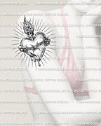 Barbed wire sacred heart tattoo shown on women’s arm placement with flame and ray detail
