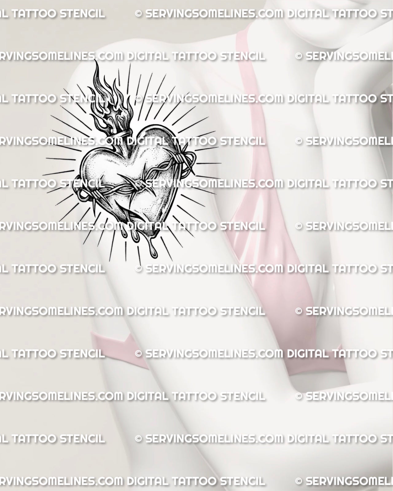 Barbed wire sacred heart tattoo shown on women’s arm placement with flame and ray detail