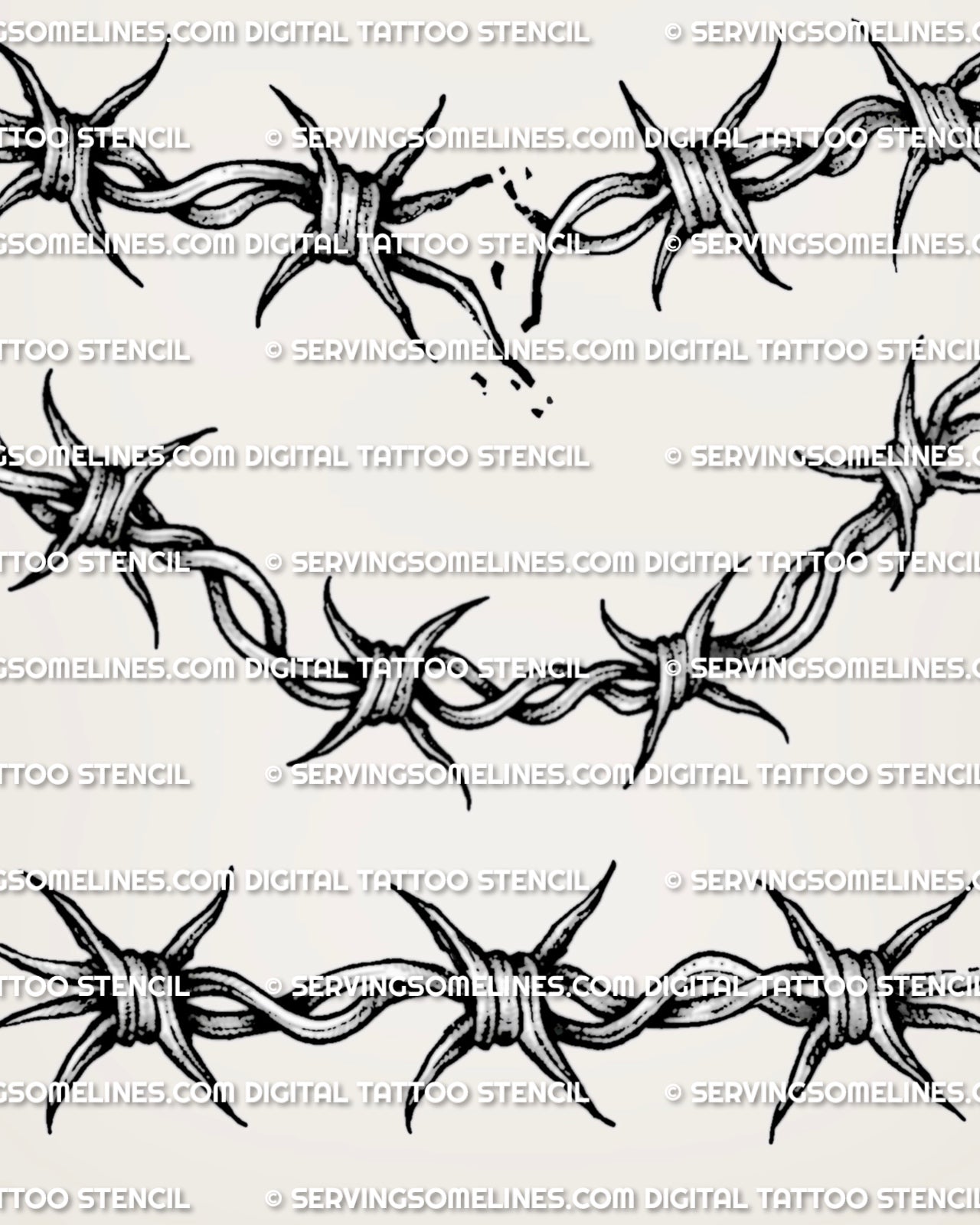 Close view of barbed wire tattoo stencil sheet with broken, curved, and straight wire details