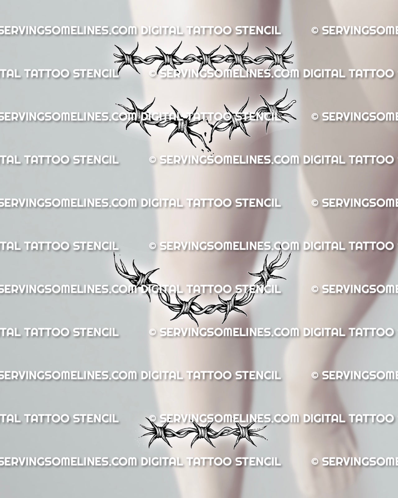 Barbed wire stencil set shown on leg placement with band, broken, curved, and straight options

