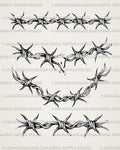 Barbed wire tattoo stencil set preview with straight, curved, broken, and band-style wire layouts