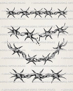 Barbed wire tattoo stencil set preview with straight, curved, broken, and band-style wire layouts