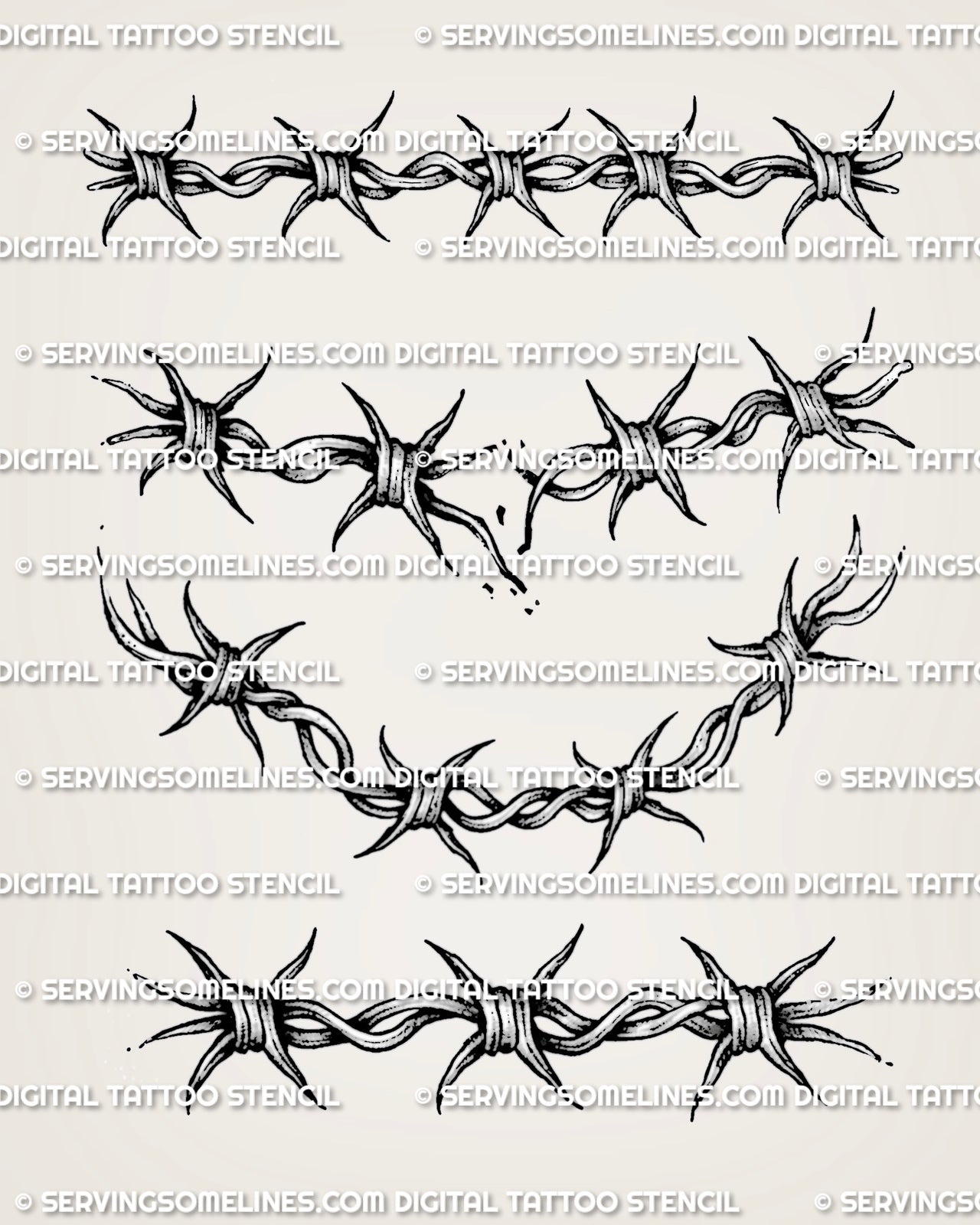 Barbed wire tattoo stencil set preview with straight, curved, broken, and band-style wire layouts