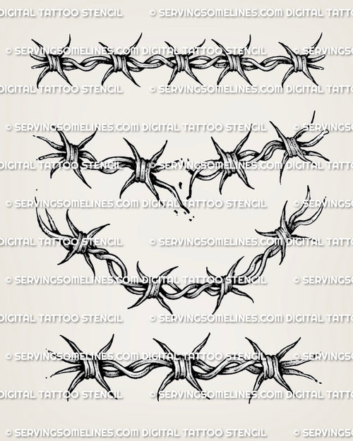 Barbed wire tattoo stencil set preview with straight, curved, broken, and band-style wire layouts
