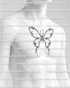 Barbed wire wings tattoo shown on men’s chest placement with wide butterfly shape and strong wire contrast