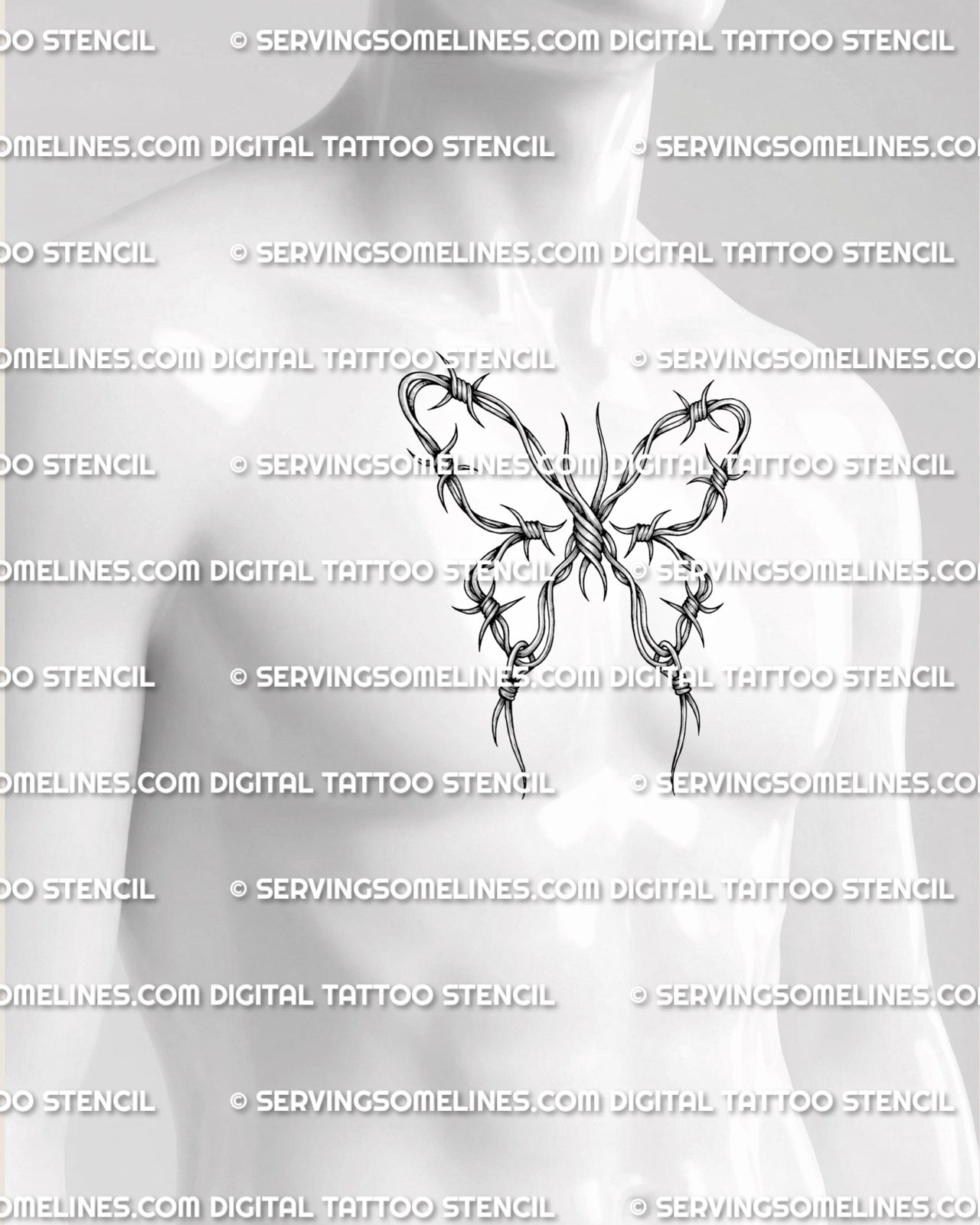 Barbed wire wings tattoo shown on men’s chest placement with wide butterfly shape and strong wire contrast