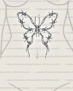 Barbed wire wings tattoo shown on women’s stomach placement with butterfly shape and sharp barbed loops