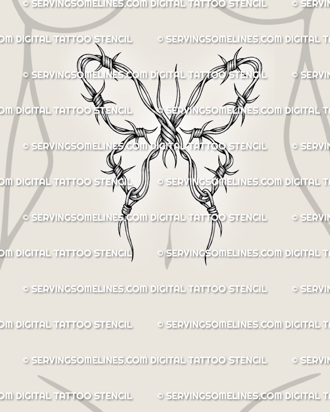 Barbed wire wings tattoo shown on women’s stomach placement with butterfly shape and sharp barbed loops