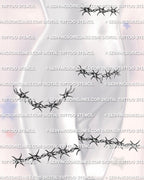 Barbed wire wrap tattoo stencil shown on female hip and thigh placement for curved body fit