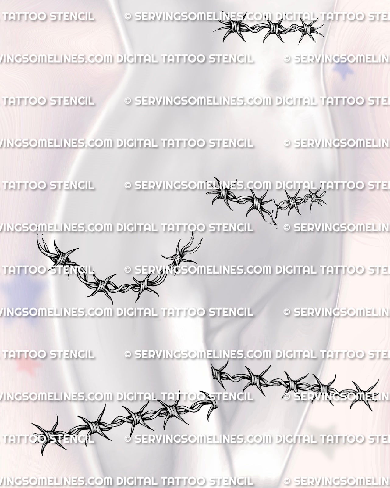 Barbed wire wrap tattoo stencil shown on female hip and thigh placement for curved body fit